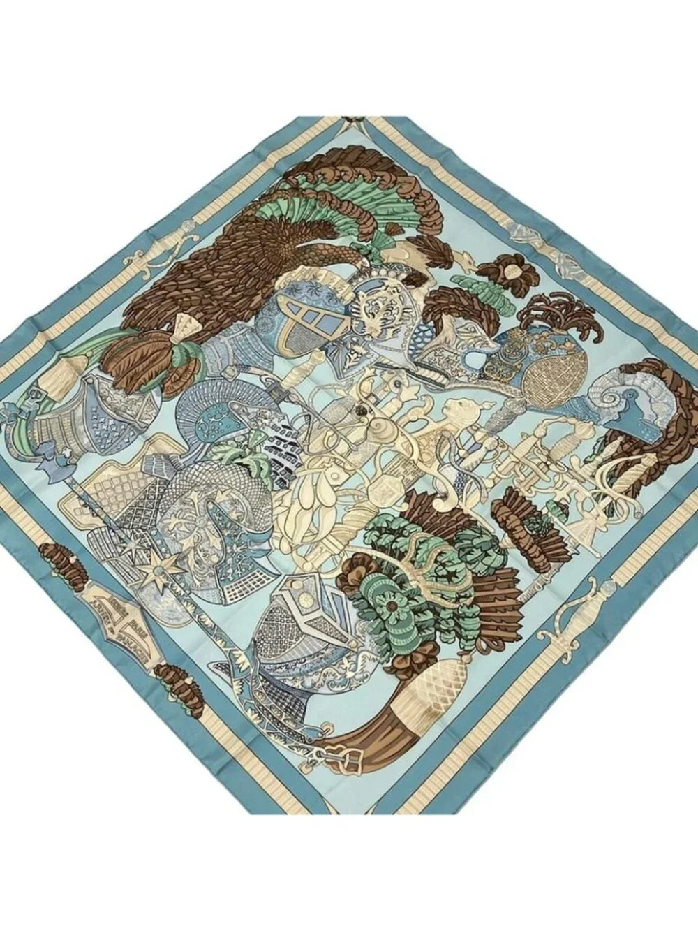 ★SOLD★ Hermes Scarf Carre 90 Light Blue Ivory Multi Armets en Panache Feather - Picture 1 of 5